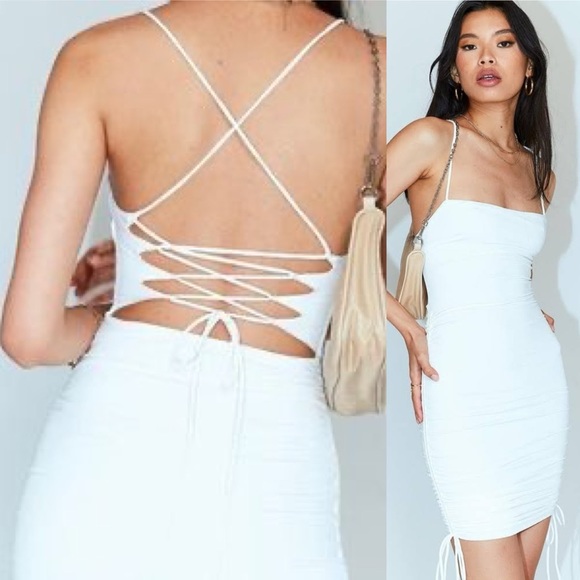 Princess Polly Maeve White Square Neck Ruched Side Tie Lace Back Cut Out Dress - Picture 3 of 13